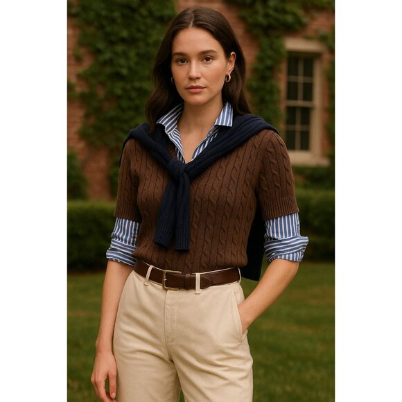 Jeanne Pierre Short-Sleeve Cable Knit Sweater – Size L – 100% Cotton Brown - Picture 1 of 6